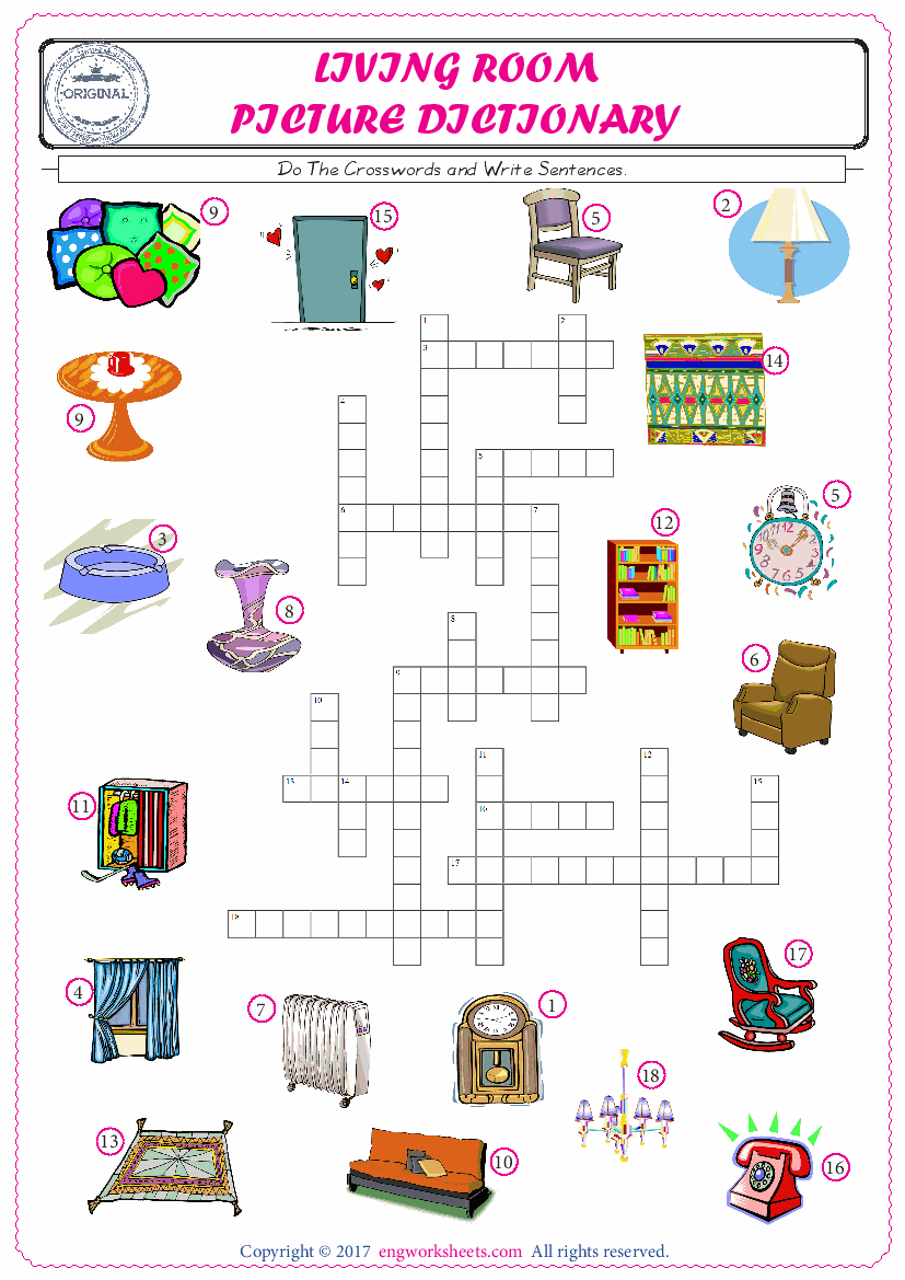  ESL printable worksheet for kids, supply the missing words of the crossword by using the Living Room picture. 
